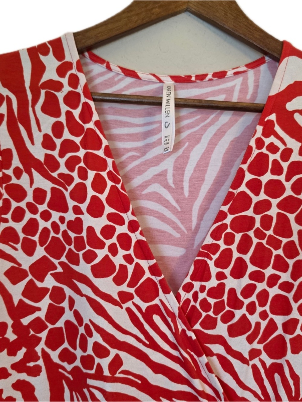Karen Millen Dress Womens UK12 Red Animal Print Wrap Dress V-Neck Jersey - Picture 5 of 9